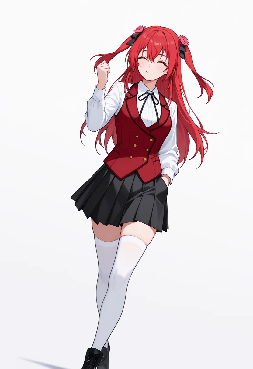Smooth Quality,masterpiece,very intricate, high quality details, ultra realistic, high detailed skin,detailed enviorement,absurdres,
<lora:Amelia_Rose_CNR:0.8> amelia_cnr, red hair, long hair, two side up, hair between eyes,hair flower, amelia_def_cnr,white shirt, collared shirt,red vest, skirt, black skirt, pleated skirt, long sleeves,white thighhighs, zettai ryouiki, black ribbon, hair ribbon, neck ribbon,black footwear,, simple background, white background, dynamic angle,
walking pose, one hand in pocket, head slightly turned, casual stride,,, ^q^,