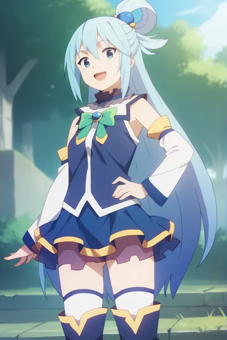 score_9, score_8_up, score_7_up, score_6_up, score_5_up, score_4_up, BREAK source_anime, 1girl, solo,
<lora:AquaXL-v1-07:0.7>, ChopioAqua, blue hair, long hair, very long hair, hair ornament, hair between eyes, blue eyes, looking at viewer,
single hair ring,
outfit_1, white collar, detatched collar, bare shoulders, green bowtie, blue gem, blue shirt, detatched sleeves, white sleeves, blue skirt, miniskirt, see-through, layered skirt, thighhighs under boots, zettai ryouiki, white thighhighs, thigh boots, blue footwear,
outdoors, nature, blue sky,
standing, smile, open mouth, hand on hip,