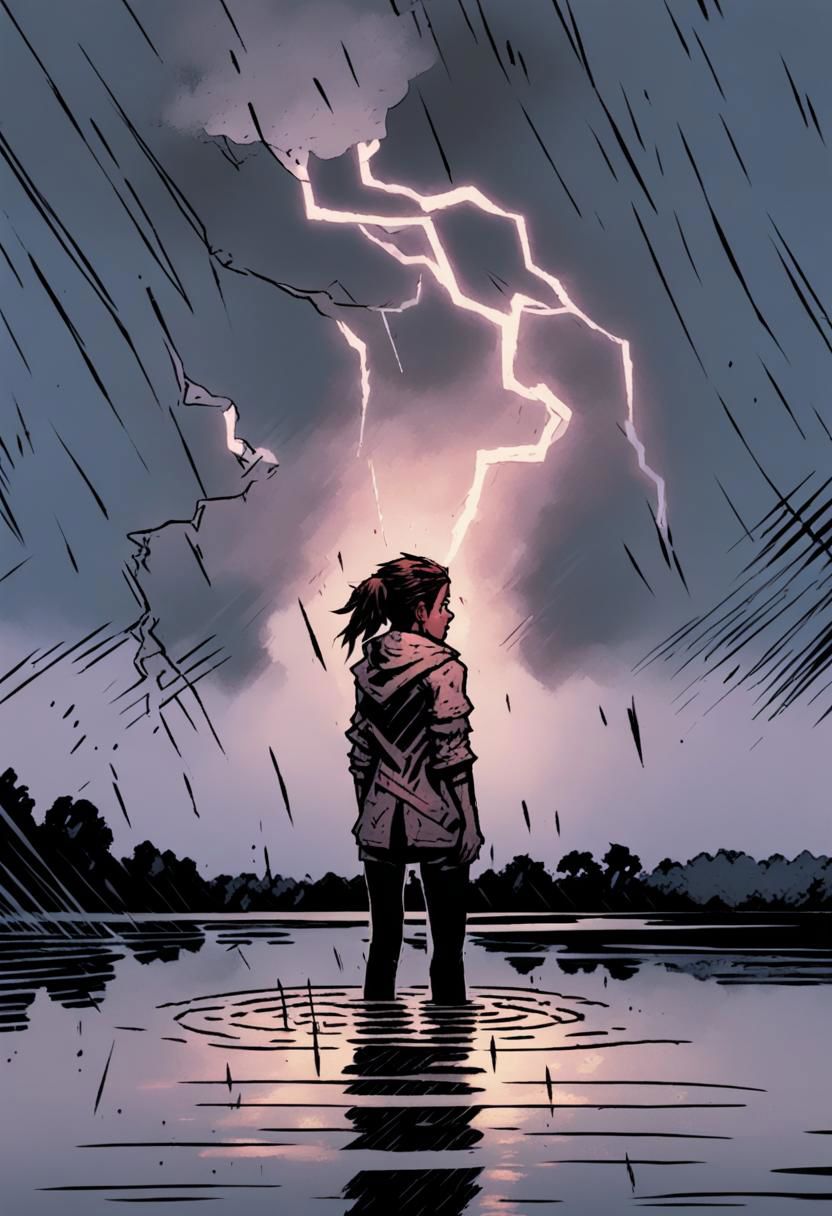 high-definition 8k comicish artwork in dgst artstyle of from behind a wet drenched, nice girl standing in a lake during a thunder storm with lightning strikes in the sky,
