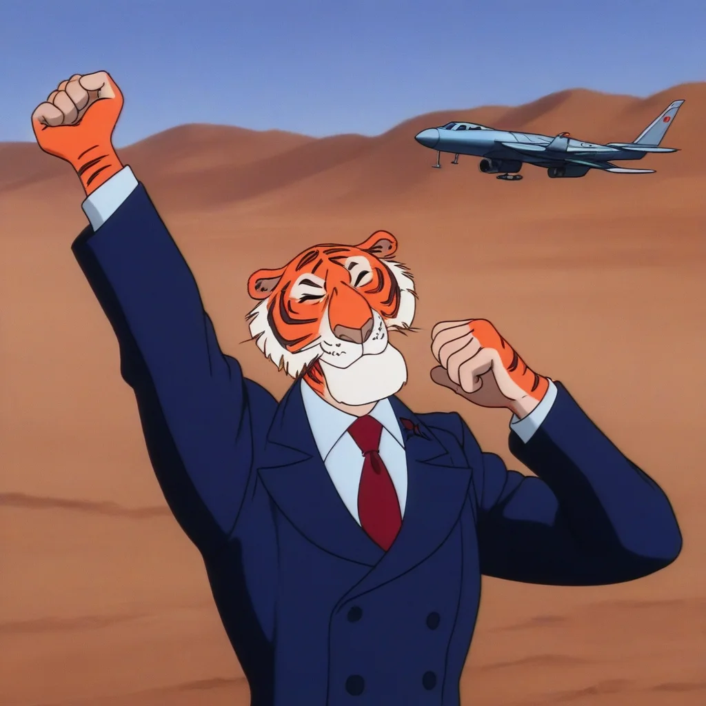 aircraft, stretching, upper body, solo, outdoors, closed eyes, parody, red necktie, necktie, tiger