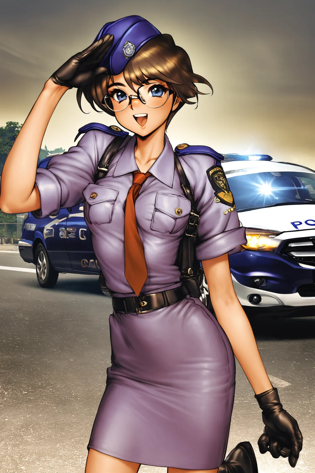 1girl,glasses,solo,brown hair,short hair,skirt,gloves,open mouth,breasts,blue eyes,police,smile,looking at viewer,police uniform,necktie,salute,car,
<lora:Masamune Shirow_XL:0.8>,