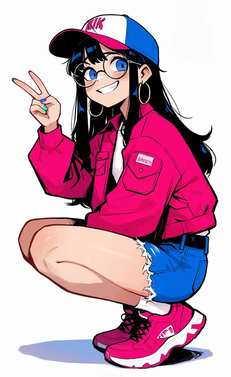 masterpiece, best quality, good quality, very awa, very aesthetic, absurdres, newest, 1girl, ankle socks, bare legs, baseball cap, belt, birthday, black belt, black hair, blue eyes, blue shorts, blush, breast pocket, clenched teeth, collared jacket, denim, denim shorts, dot nose, earrings, from side, full body, glasses, hand up, hat, hoop earrings, idol, initial, jacket, jewelry, long hair, long sleeves, looking at viewer, looking to the side, multicolored hat, multicolored nails, nail polish, official alternate costume, official alternate hairstyle, open clothes, open jacket, open mouth, pink footwear, pink jacket, pocket, round eyewear, shadow, shirt, shoes, shorts, sidelocks, simple background, smile, sneakers, socks, solo, squatting, teeth, torn clothes, torn shorts, v, white background, white shirt, white socks, drawing_style <lora:ponyv6_noobV1_2_adamW-000017:0.8> <lora:USNR_STYLE_XL_lokr:0.45> <lora:namukijpg_ill:0.7>