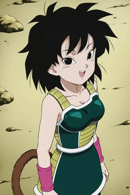 anime screencap, absurdres, high quality, official style,
gine, 1girl, solo, breasts, looking at viewer, smile, short hair, open mouth, black hair, cleavage, bare shoulders, medium breasts, collarbone, from above, upper body, :d, teeth, green saiyan armor, black eyes, eyelashes, happy, spiked hair, pink wristband, arms at sides, monkey tail, saiyan armor, white trim, green skirt, rock
<lora:Gine_IL:0.8>