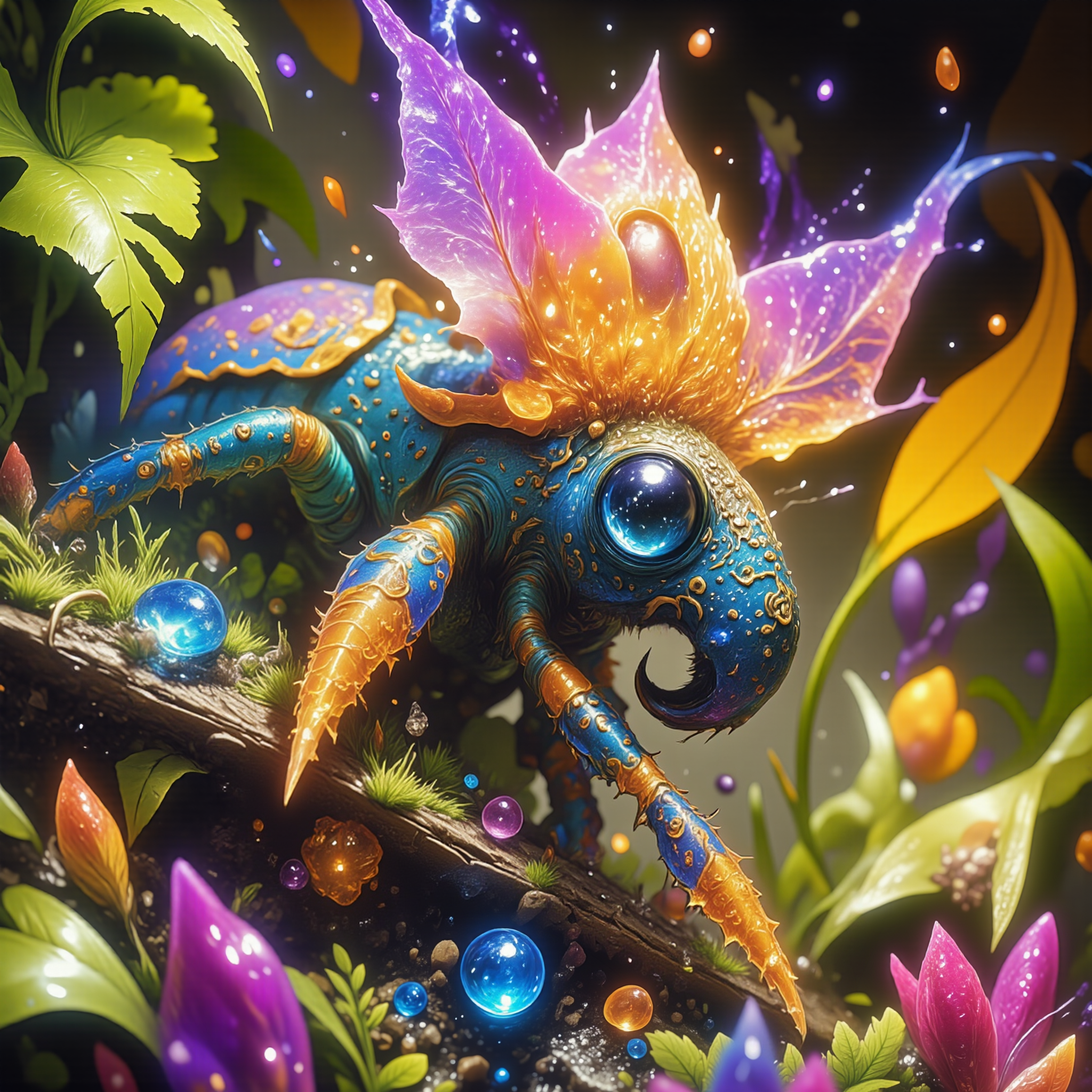 highly detailed, intricate, detailed background, award-winning macro photo, (short depth of field:1.2), (fractal art:0.9), in the jetcurbled and astonishing savannas of planet "mancsphere prime", the (bewildering diminutive:1.4) "rancorous naggerjiggler" with its yamboozled (colorful blooms:1.3) and (long coiled appendages:1.1) harvests moisture from the izzled air with (delicate translucent membranes:1.1), dry biome, (dappled sunlight:1.1), golden ratio, in the style of ck-ovf, amanoer, arsmjstyle, dnddarkestfantasy, aidmamj6.1, 
<lora:style-oneviolentfantasy-ep21-flux-by_chronoknight:0.72> 
<lora:style-yoshitaka_amano-elden_ring-flux-by_alicient:0.56> 
<lora:style-dnd_dark_fantasy-flux-by_arsmachina:0.68> 
<lora:midjourney_61-v0.4-flux-by_aidma:0.8> 
<lora:faetastic_details-flux-by_faeia:0.64>