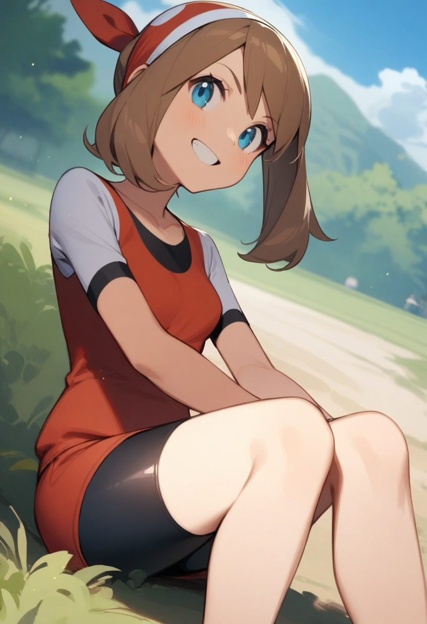 masterpiece,best quality,very aesthetic,absurdres,<lora:may_(pokemon):1>,bike_shorts, highres, commentary_request, outdoors, collarbone, grin, blue_sky, 1girl, solo, may_\(pokemon\), day, sitting, small_breasts, hair_ribbon