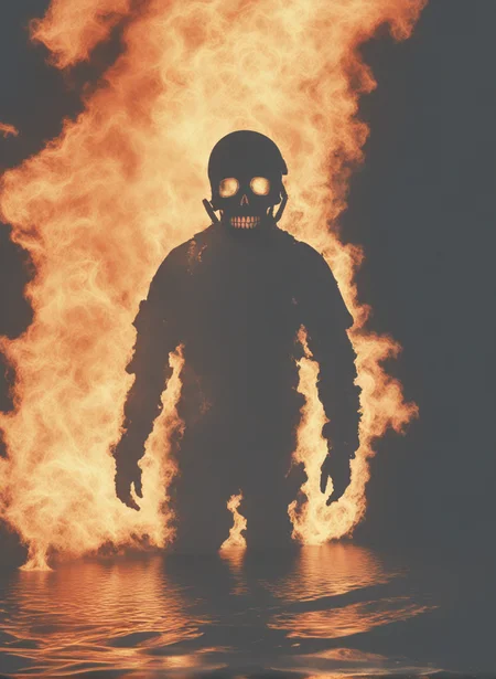 <lora:sli-v1:1> sil, artstyle, photo skull spaceman in water infront of fire