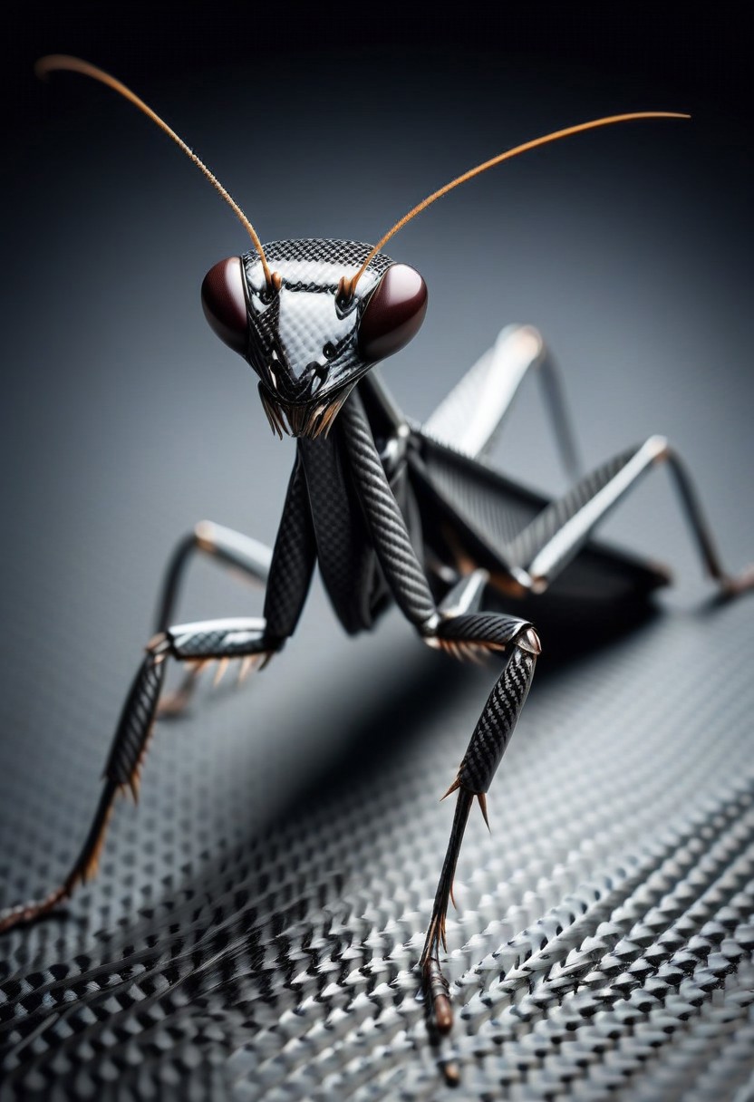 lazympos, cf_style, praying mantis made of carbon fiber, extreme close-up, macro, depth of field
