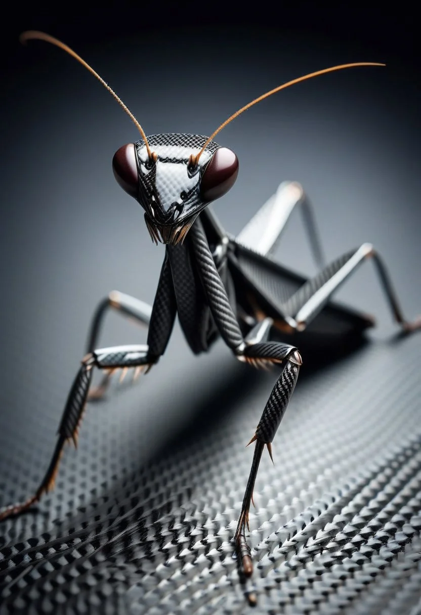 lazympos, cf_style, praying mantis made of carbon fiber, extreme close-up, macro, depth of field