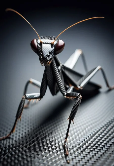 lazympos, cf_style, praying mantis made of carbon fiber, extreme close-up, macro, depth of field