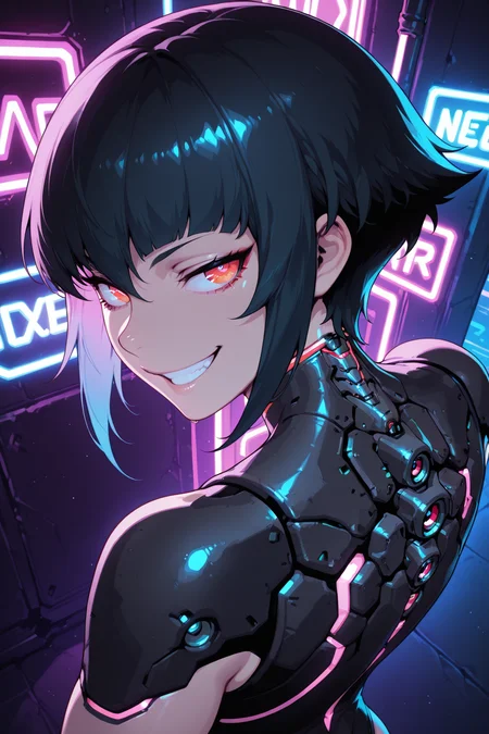 masterpiece, amazing quality, best quality, 
cyberpunk, futuristic, neon lighting, 
from behind, looking back, closeup, face focus, high angle, foreshortening, bionic vertebrae, confident grin