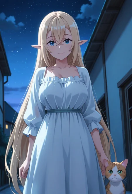masterpiece,best quality,amazing quality, alisha, blonde hair, blue eyes, long hair, pointy ears, elf, 1girl, night, smile, outdoors, sky, dress, solo, looking at viewer, cat, hair between eyes, very long hair