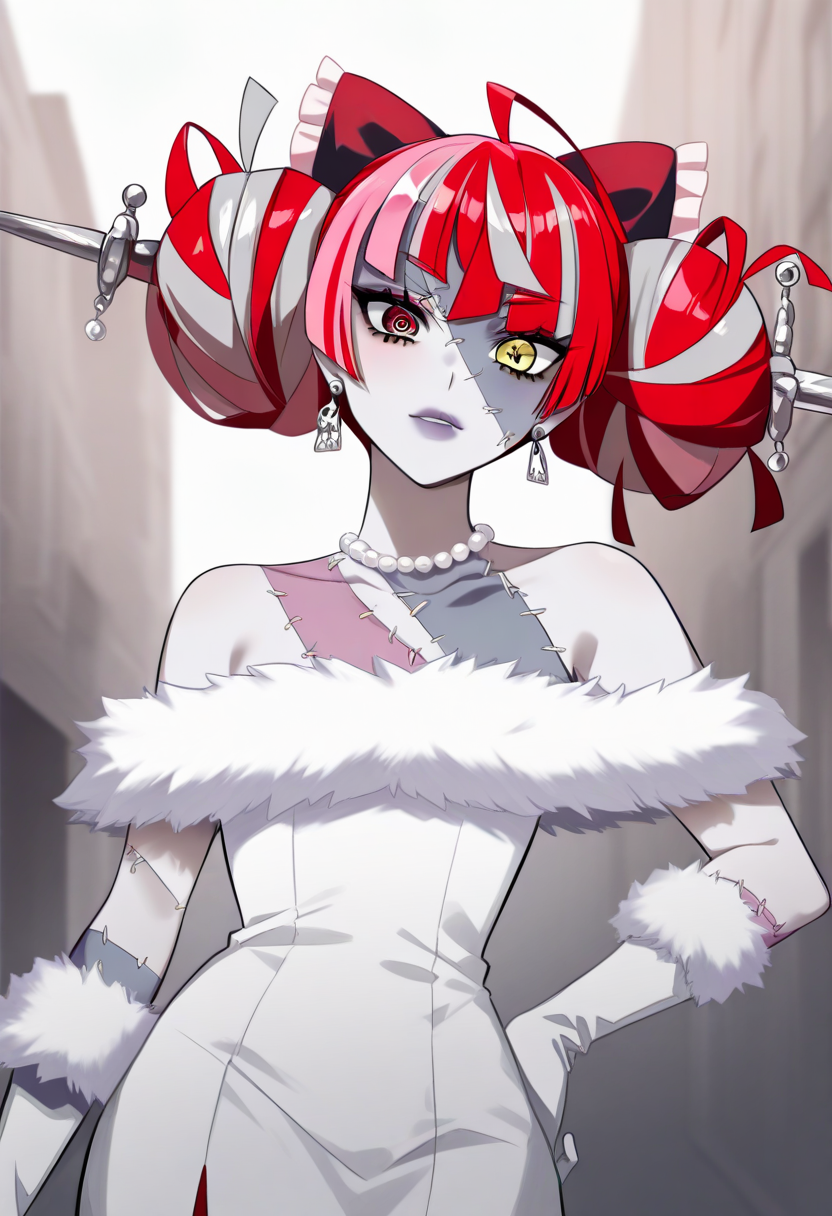 Kureiji_Ollie, kureiji ollie,1girl, street, snowy, double bun, (white dress 1.5), bare shoulders, jewelry, earrings, (white fur trim dress 1.5), (white long gloves 1.4), necklace, lips, pearl necklace ,wearing edgwdc, fumichin, hair bow, red bow, hair bow, zombie, patchwork skin, heterochromia, red eyes, yellow eyes <lora:Kureiji_Ollie:2><lora:edgIllustriousXL_WDC:1.7>
