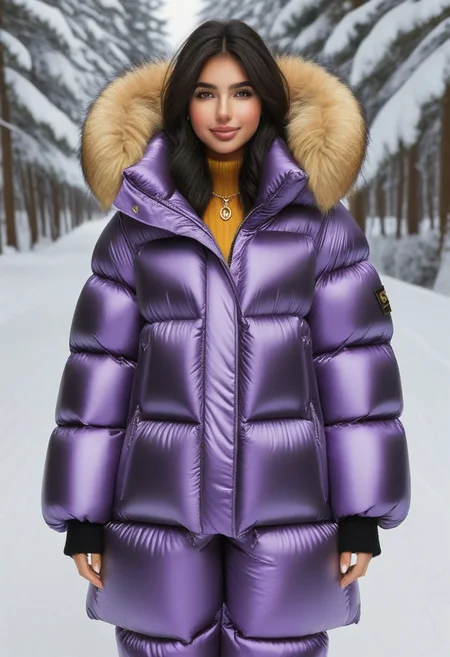 ((((puffer padded jacket)))), ((((puffer padded coat)))), ((((full body)))), ((((fur boots)))), ((((puffer pants)))), ((((puffer hood up)))), winter, snow, forest, 1girl, solo, (masterpiece), detailed face, detailed eyes, (beautiful detailed eyes:1.5), sidelighting, (super detail, hyper detail, intricate_details, detailed), (semi realistic:1.6), (Bob cut), blunt bangs,(black hair), (purple eyes, eyelashs), tanned skin, smug smile, angry face, Golden jewelery, golden rings, golden necklace, golden armlets, golden chains, padded cuffs, padded collar, Thick padded cuffs, Thick padded collar, <lora:Collar-SDXL:0.6>, <lora:Cuffs-SDXL:0.6>, <lora:Puffer_Jacket_and_Down_Jacket_-_Extra_Puffy_Jackets:0.4>, <lora:snowpants_v1:0.4>