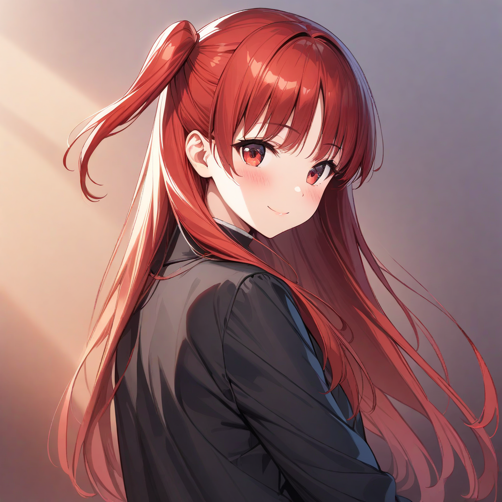 (masterpiece),(best quality),(ultra-detailed),(best illustration),(best shadow),(absurdres),(detailed background),(very aesthetic), chtholly(sukasuka), 1girl, solo, red eyes, smile, long hair, red hair, looking at viewer, bangs, closed mouth, looking back, blush, one side up, black jacket, gradient background, upper body, jacket <lora:XL-Chtholly:1>