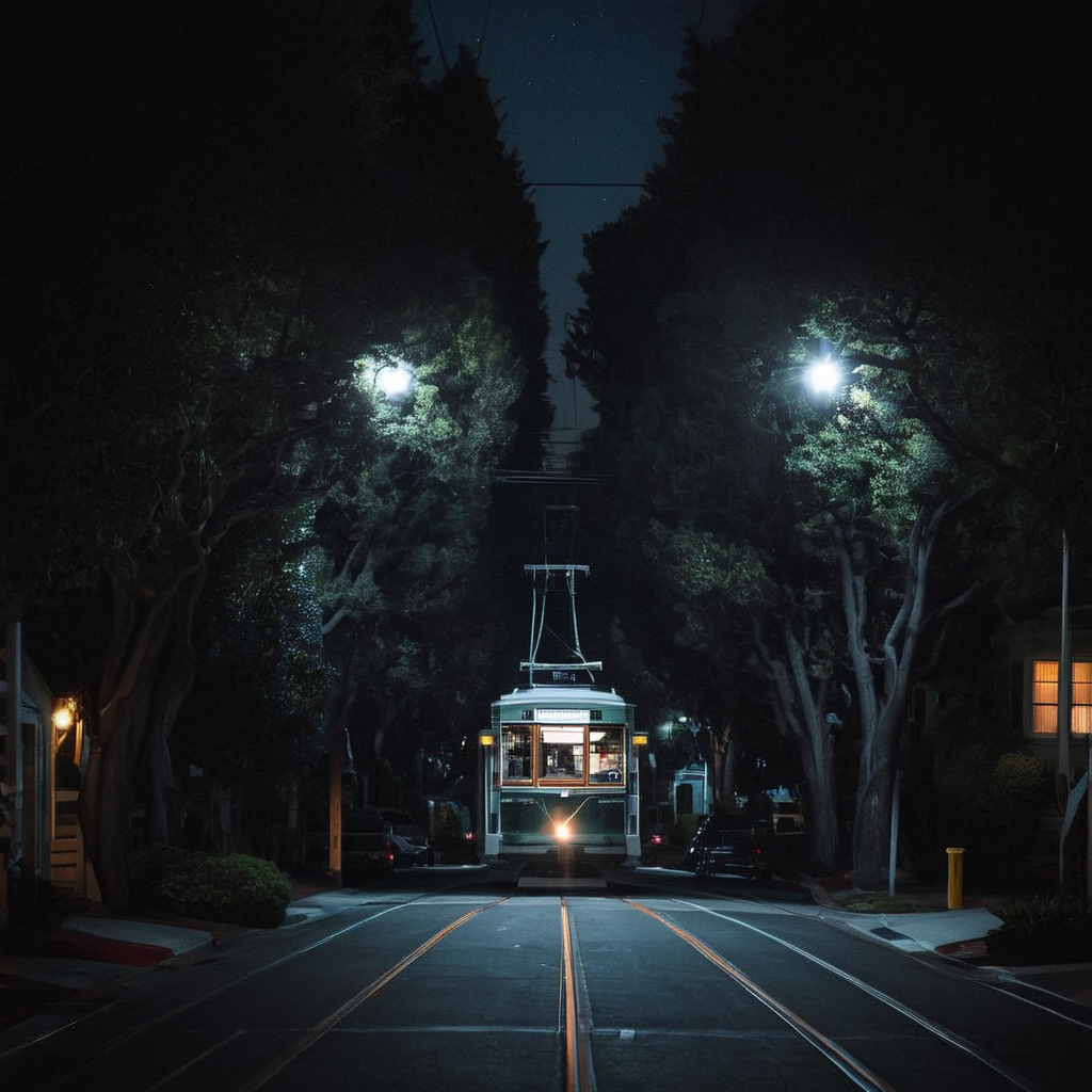 radiant darkness, a tram on a dark street in san francisco at night, trees, suburban street, moonlight <lora:Radiant_Darkness:1>