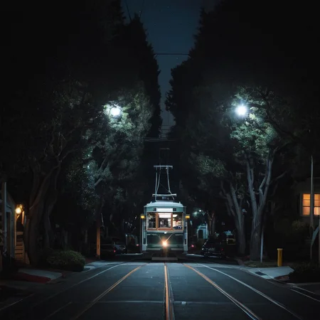 radiant darkness, a tram on a dark street in san francisco at night, trees, suburban street, moonlight <lora:Radiant_Darkness:1>