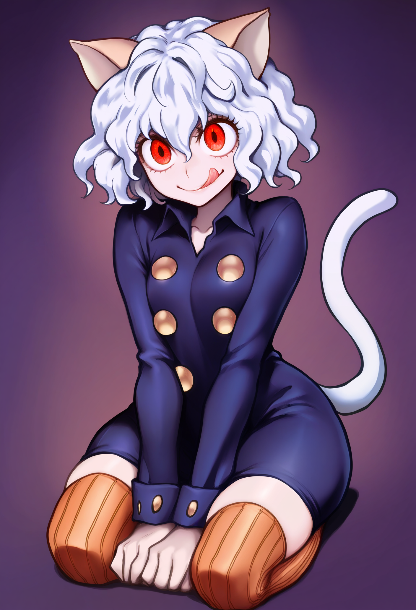 1girl, solo, cneferpitou, seiza, cat ears, cat tail, licking lips, orange thighhighs, white hair, red eyes, 
masterpiece, best quality, <lora:thegoldensmurf-guy90-IllustriousV1:1>, frulog