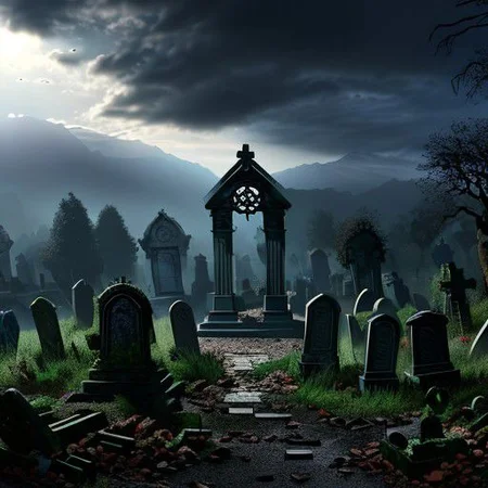 (masterpiece:1.2), (best quality,:1.2), 8k, HDR, ultra detailed, ((photorealistic)), professional light, cinematic lighting, fashion photography, ambient lighting, background, a dark and sinister gothic graveyard, open! graves, broken coffins, Darkness, <lora:Darkness-10:1>,  epiCPhoto,