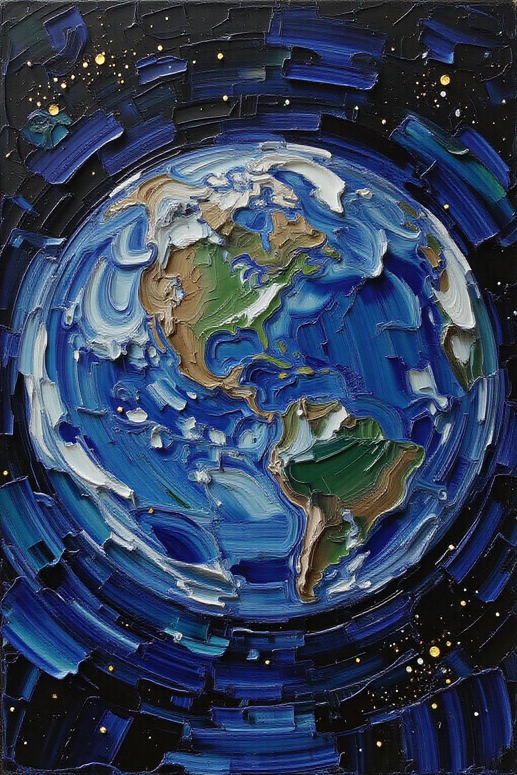 impasto oil painting. View of planet Earth. The vibrant blues of the oceans swirl with dynamic brushstrokes, contrasted by the soft greens and earthy browns of the continents. Delicate white clouds, painted in wispy, flowing strokes, wrap around the globe, creating a sense of movement and life. The curvature of the planet is highlighted with subtle gradients of light and shadow, giving it depth and dimension. The backdrop is a vast expanse of deep black, dotted with tiny stars that sparkle like gems, painted with delicate dabs of white and gold. The oil paint texture enhances the richness of the colors and the softness of the clouds, creating a harmonious blend of detail and artistry. The overall composition captures Earth's beauty and fragility, evoking awe and wonder.   <lora:impasto5_nocap_d6a3:1.0> <lora:Flux-Sch-SingleBlocks-BF16:1.0><lora:803883273819322544:0>