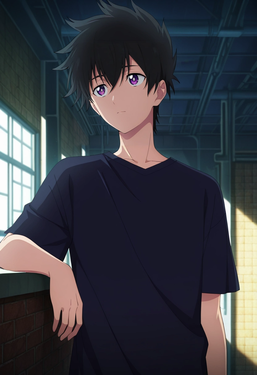 masterpiece, best quality, intricate details, anime screencap, anime coloring, official style,, 1boy, solo, male focus, <lora:ryuunosuke_minakata_ilxl:0.96>, ryuunosuke_minakata, black hair, purple eyes, short hair, bangs, hair between eyes, industrial loft, exposed brick, standing by window, one arm resting on sill, introspective expression, cool light,