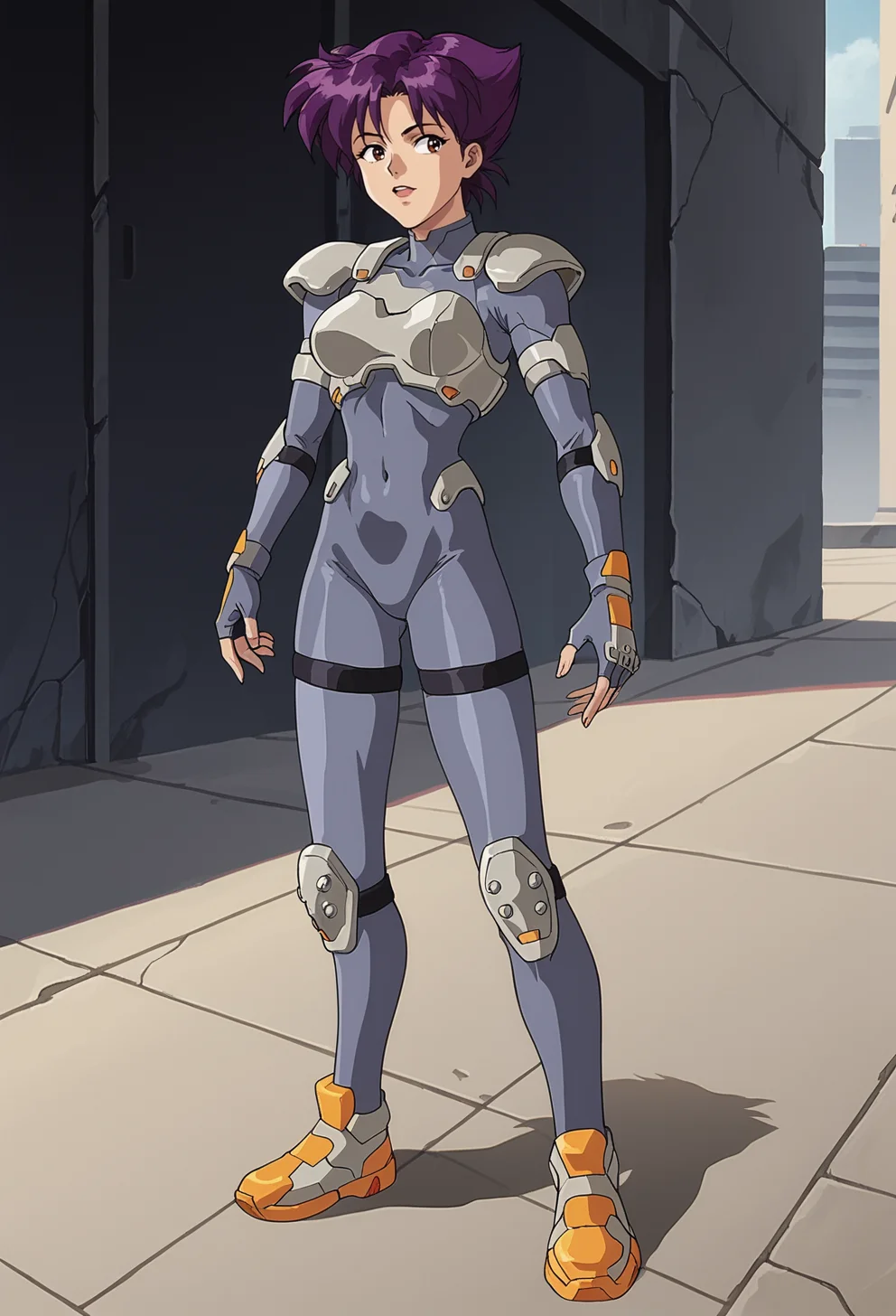 score_9, score_8_up, score_7_up, anime screencap, 2D, anime, retro, BREAK, <lora:KonokoPony:1>, konoko, 1girl, grey body armor, dark blue bodysuit, orange boots, breastplate, covered navel, fingerless gloves, full body, grey bodysuit, knee pads, purple hair, short hair, shoulder armor, shoulder pads, solo, standing, happy, yellow footwear, science fiction, thigh strap, belt, tactical clothes, outdoor, alien, weapons, matrix, ghost in the shell,