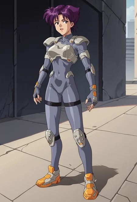 score_9, score_8_up, score_7_up, anime screencap, 2D, anime, retro, BREAK, <lora:KonokoPony:1>, konoko, 1girl, grey body armor, dark blue bodysuit, orange boots, breastplate, covered navel, fingerless gloves, full body, grey bodysuit, knee pads, purple hair, short hair, shoulder armor, shoulder pads, solo, standing, happy, yellow footwear, science fiction, thigh strap, belt, tactical clothes, outdoor, alien, weapons, matrix, ghost in the shell,