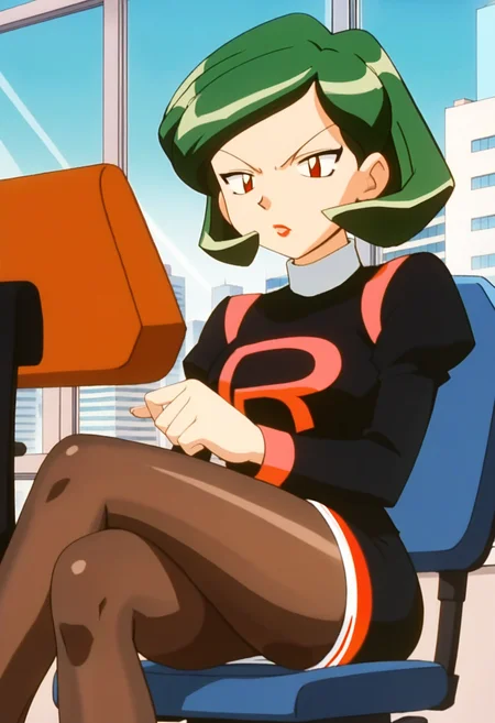 score_9, score_8_up, score_7_up, score_6_up, anime screencap, anime coloring, <lora:PMWendy:0.9>, PMWendy, green hair, bangs, red eyes, short hair, lipstick,
team rocket, short dress, black dress, turtleneck, brown pantyhose, high heels, black footwear,
crossed legs, sitting, swivel chair, upper body, disgust, looking at viewer,
BREAK, cityscape, day, window, office, indoors,