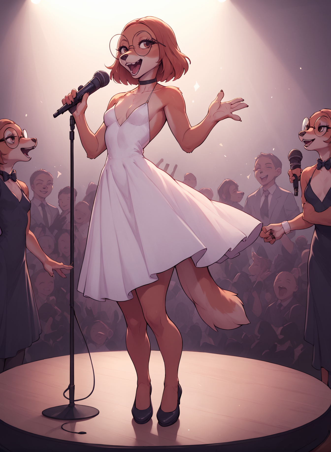 score_9, score_8_up, score_7_up, score_6_up, score_5_up, score_4_up, <lora:SukiLanePXL:1> SukiLanePXL, anthro, brown eyes, round glasses, small breast, evening dress, full body, on stage, singing, microphone, orchestra, crowd