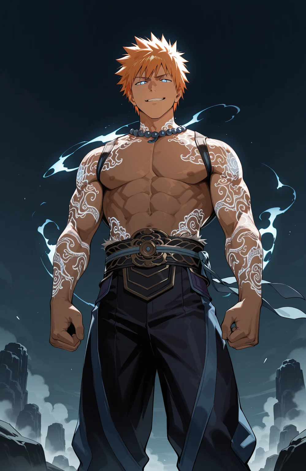 (kurosaki ichigo), 
liukang_body,
muscular male,
looking at viewer, smug, 
martial arts,
feet out of frame,
dynamic angle,
dynamic pose
fantasy chinese landscape, low clouds, fog, wind, reflective,
anime style, anime coloring,
detailed, light, dark, glowing tattoo, color contrast,
masterpiece, best quality, amazing quality, very aesthetic, absurdres, newest, very awa,
<lora:[Char - IL] Mortal Kombat - Liu Kang [Fire God ] (R1E07):0.8>