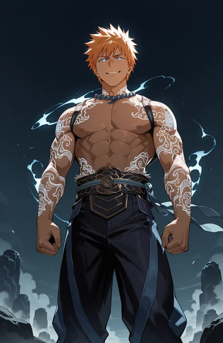 (kurosaki ichigo), 
liukang_body,
muscular male,
looking at viewer, smug, 
martial arts,
feet out of frame,
dynamic angle,
dynamic pose
fantasy chinese landscape, low clouds, fog, wind, reflective,
anime style, anime coloring,
detailed, light, dark, glowing tattoo, color contrast,
masterpiece, best quality, amazing quality, very aesthetic, absurdres, newest, very awa,
<lora:[Char - IL] Mortal Kombat - Liu Kang [Fire God ] (R1E07):0.8>