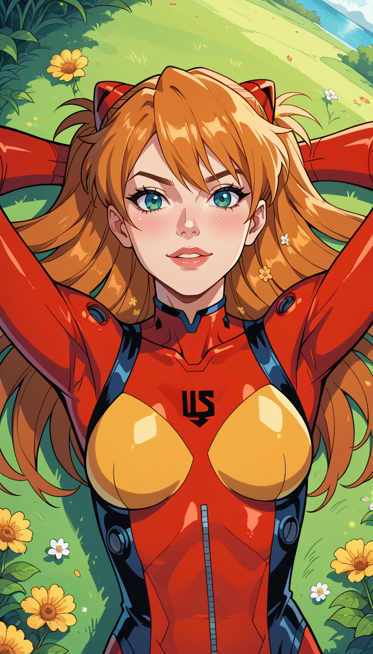 score_9, score_8_up, score_7_up, (Western Comics), (Asuka Langley Souryuu), cute, seductive, innocent, orange long hair, luscious lips, laying on back, green grass, expanse of colorful flowers, red plugsuit, lake background, light smile, hands behind the head, from front, (Portrait photo), (depth of field), (dynamic angle), (ultra detailed, high quality texture), (sharp), (artistic image)