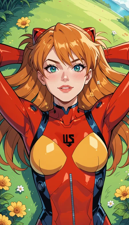 score_9, score_8_up, score_7_up, (Western Comics), (Asuka Langley Souryuu), cute, seductive, innocent, orange long hair, luscious lips, laying on back, green grass, expanse of colorful flowers, red plugsuit, lake background, light smile, hands behind the head, from front, (Portrait photo), (depth of field), (dynamic angle), (ultra detailed, high quality texture), (sharp), (artistic image)