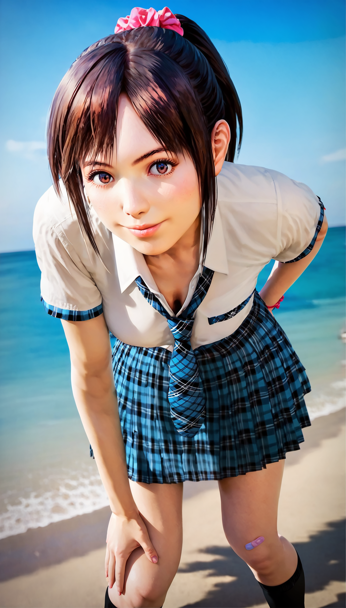 score_9,score_8_up,score_7_up,
<lora:miiyamotoHikari>,miiyamotohikari,1girl,solo,
vignetting,blurry background,
realistic,black hair,ponytail,bangs,scrunchie,pink scrunchie,
brown eyes,
school uniform,white shirt,skirt,pleated skirt,plaid skirt,blue plaid skirt,necktie,plaid necktie,blue plaid necktie,wristband,red wristband,kneehighs,black kneehighs,bandaid on knee,
looking at viewer,smile,lips,
medium breasts,thick thighs,best hips,
outdoors,sea,street,
upper body,portrait,face focus,