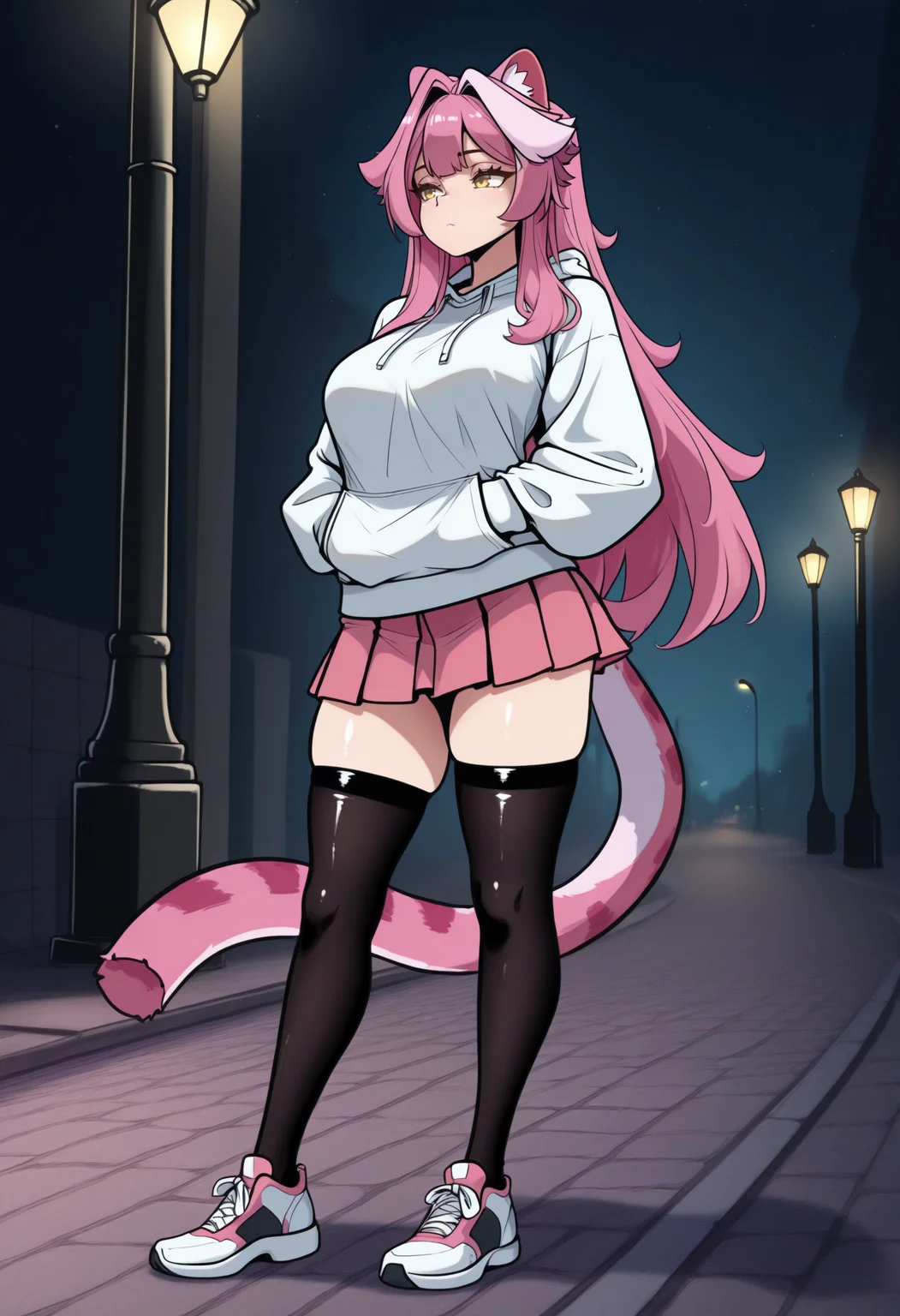 masterpiece, best quality, 1girl, solo, Ra0ra, yellow eyes, cat ears, pink hair, single white streak, long hair, cat tail, white hoodie, outdoors, night, street, lamppost, hands in pockets, full body, black thighhighs, shoes, skirt, <lora:ChamRaoraPantheraIllustriousXLV2:1>