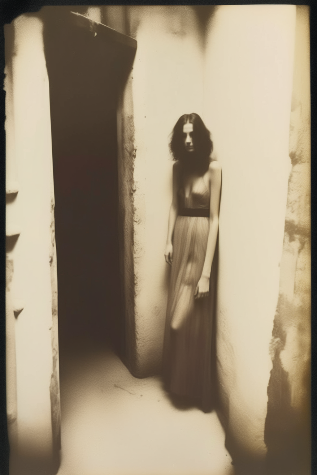 <lora:Ando Fuchs Style:1>Ando Fuchs Style - Sepia polaroid photography of SARAH MOON model in a hidden corner of Venice, black and white Polaroid style