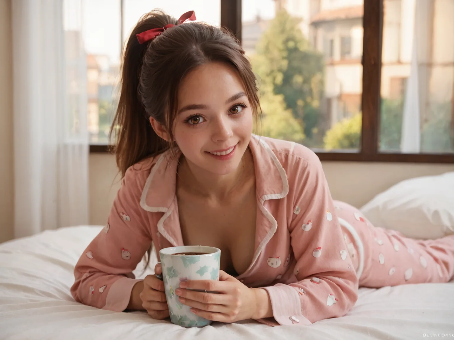 score_9, score_8_up, score_7_up, score_6_up, score_5_up, score_4_up, BREAK <lora:Nana:0.8>, a girl, brown eyes, breast, ponytail hair, red ribbon, pink pajamas with patterns, holding cup, sit on bed, smile, looking at viewer, rays, panoramic window