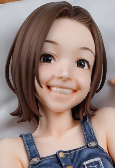 a young woman with a light complexion and a cheerful smile sit on her bed with crop-top and denim short, 1girl, looking at viewer, brown hair, portrait, smile, black eyes, grin