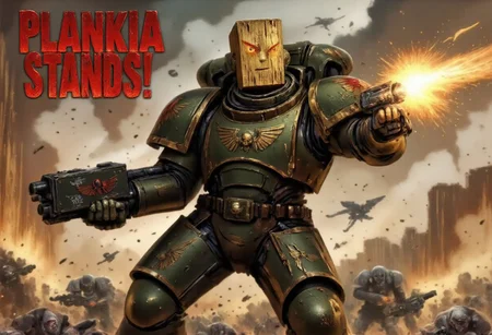 A towering, battle-worn Space Marine clad in intricately detailed power armor, standing amidst the chaos of a futuristic battlefield. Flames and smoke billow in the background as he fires a massive, roaring heavy bolter, the recoil shaking his armored frame. Instead of a helmet or human head, the Space Marine has Plank from Ed, Edd n Eddy seamlessly attached to his neck joint. Plank's wooden face remains eerily expressionless, contrasting with the intense action around him. The scene is rendered in a gritty, semi-realistic style, with glowing energy effects from the bolter's muzzle flare and a dystopian, war-torn environment. The absurdity of Plank's presence adds a surreal, darkly comedic tone to the otherwise grim and epic sci-fi setting. In large red letters above the carnage it reads: "PLANKIA STANDS!"