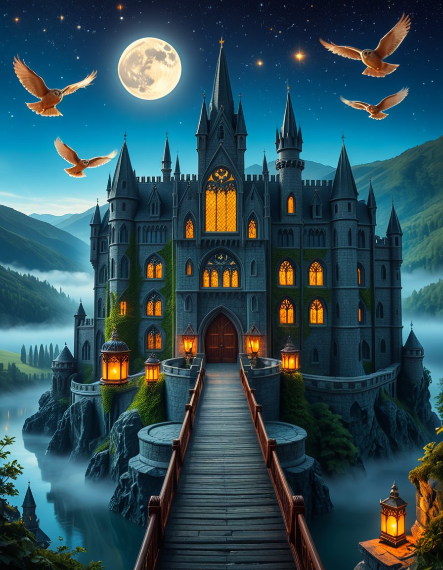 A majestic, ancient castle perched on a rocky hill, serving as a prestigious school for young wizards. The castle is a grand structure with towering spires, intricate gothic architecture, and large stained-glass windows that glow with magical energy. The stone walls are covered in ivy, and enchanted lanterns float around the entrance, casting a soft, mystical glow. A massive wooden bridge leads to the main gate, suspended over a misty, enchanted lake that reflects the moonlight. In the background, rolling green hills and dense, fog-covered forests surround the school, adding an air of mystery. The sky is a deep twilight blue, with stars twinkling and a full moon shining brightly. Some windows in the castle emit warm, golden light, hinting at classrooms filled with spellbooks and students practicing magic. A few owls are seen soaring above, delivering messages. The atmosphere is magical, mysterious, and full of wonder, as if the castle itself is alive with enchantments.
<lora:SDXLFaeTastic2400:0.4> <lora:extremely_detailed:0.4> extremely detailed, <lora:ancient_c4stl3:1>,ancient c4stl3, Masterpiece,best quality,hi res,8k,hi res,8k,award winning,(sharp focus, intricate, highly detailed),