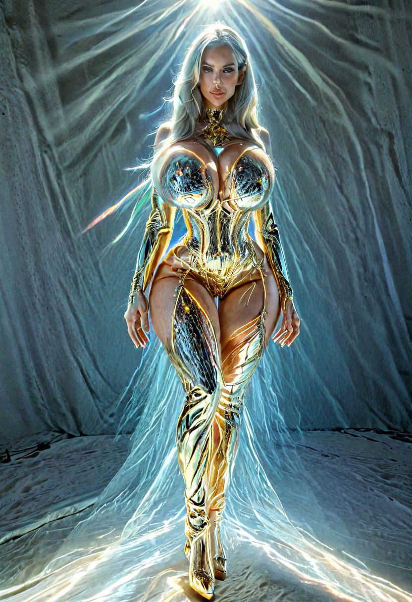 ((Bimbo)) woman perfect body abs bombshell huge butt huge breasts wide hips tanned skin 4k, ultra render, Hyperdetailed photograph, Goddess of Light, (radiating bright light), (haute couture dress made out of golden and silver iridescent reflective flowing prismatic photonic energy), she has a small divine halo made of pure light, her face is radiant like the sun, sci-fi, fantasy, supreme realism, detailed skin, macro details, cover photo, fascinating composition, sense of warmth, divine aura, sanctity, hard light, she looks like a Brazilian model, extremely beautiful eyes, DSLR, HDR10, digital photography, vibrant vivid prismatic iridescent colors, very sharp details, Canon EOS R5, ambient light, natural lighting, spot light, hero lights, award winning photography, masterpiece