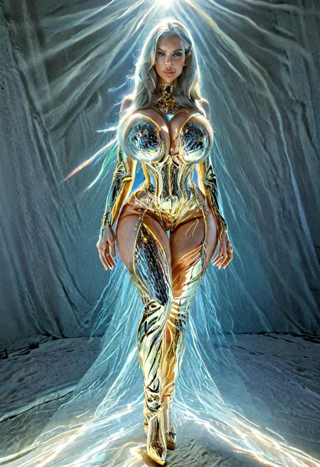 ((Bimbo)) woman perfect body abs bombshell huge butt huge breasts wide hips tanned skin 4k, ultra render, Hyperdetailed photograph, Goddess of Light, (radiating bright light), (haute couture dress made out of golden and silver iridescent reflective flowing prismatic photonic energy), she has a small divine halo made of pure light, her face is radiant like the sun, sci-fi, fantasy, supreme realism, detailed skin, macro details, cover photo, fascinating composition, sense of warmth, divine aura, sanctity, hard light, she looks like a Brazilian model, extremely beautiful eyes, DSLR, HDR10, digital photography, vibrant vivid prismatic iridescent colors, very sharp details, Canon EOS R5, ambient light, natural lighting, spot light, hero lights, award winning photography, masterpiece