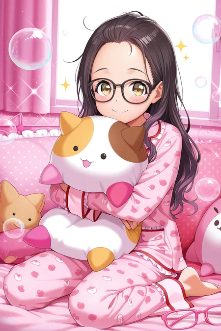 masterpiece, best quality, amazing quality,
<lora:Muni_IL:1> muni, 1girl, pajamas, glasses, stuffed toy, stuffed animal, long hair, solo, object hug, bubble, barefoot, sitting, looking at viewer, blush, sparkle, pillow, smile, forehead