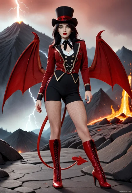 A 35mm photo of a beautiful slim woman, she is a reptilian demon , pale red demon skin with orange belly skin and inner thighs, black demon horns, clawed demonic hands, digitigrade red demon hooves, spade tipped demon tail, standing in a volcano, long straight black hair, large green feline demon eyes, demonic wings, lit with a sickly green light, red sky, blue lightning, broad sexy hips, slim waist, pert breasts, wearing a fitted red tailcoat and black yoga leggings
ruffled lingerie, lava, fire, volcano, lightning, hud_rngmstr,  black shorts, red long sleeve sequin short jacket, buttons, top hat, black neck ribbon, fishnet pantyhose, high heel boots
