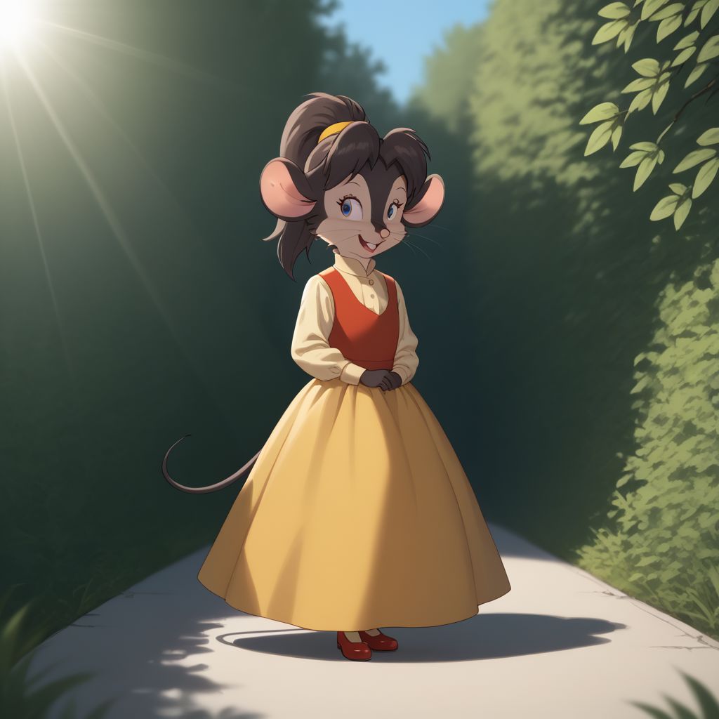 score_9, score_8, score_9, BREAK, female child, Tanya, furry, mouse ears, dress, mouse tail, smile, outdoors, natural lighting, sunlight, shadows,