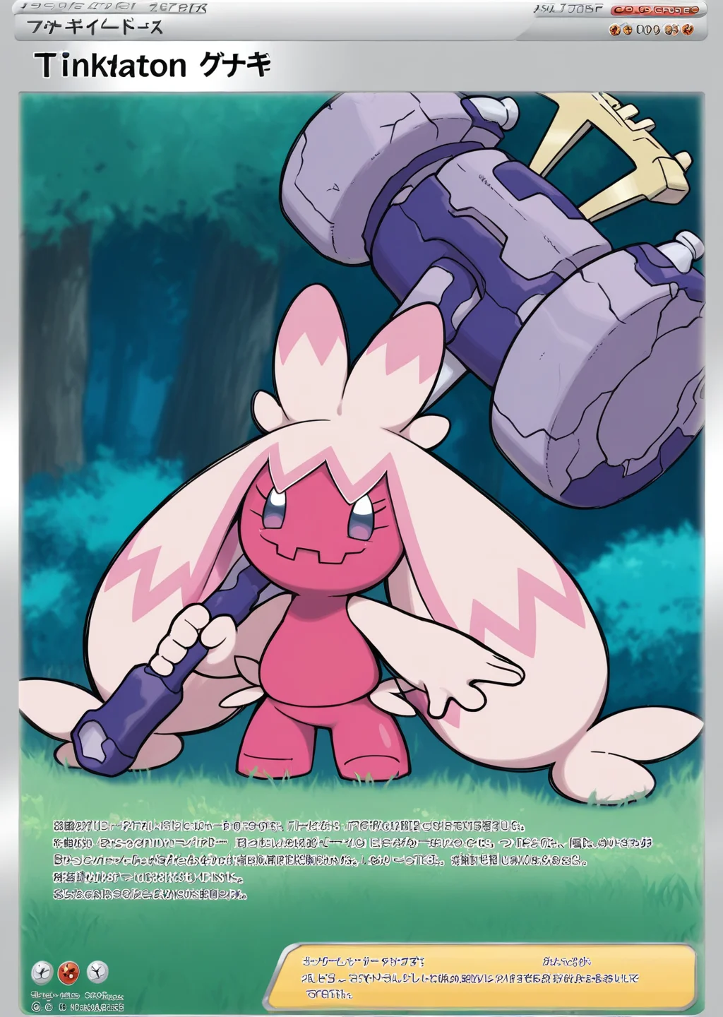 masterpiece, high quality, BREAK, full body, 1girl,    <lora:Pokemon_Card_Template_Concept_Illustrious:0.8> pokecards, pokemon cards, colored border, text, <lora:Tinkaton (Pokemon) [Illustrious]:0.8> tinkaton, pink skin, pink hair, twintails, massive hammer, gigantic hammer, metal hammer, pokemon,