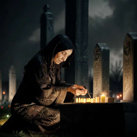 (masterpiece), a panorama picture, an old lady is placing a candle on a tombstone in the middle of a huge cemetery deep at night <lora:add_detail:1>, <lora:Moebius:1>, artwork, award-winning, professional, highly detailed, fine texture, well defined, best quality, ultra high res, morbid, sinister, eerie, sad, heartbreaking, dark theme, rain, loneliness <lora:Nouveau_last:0.8>, art nouveau style,