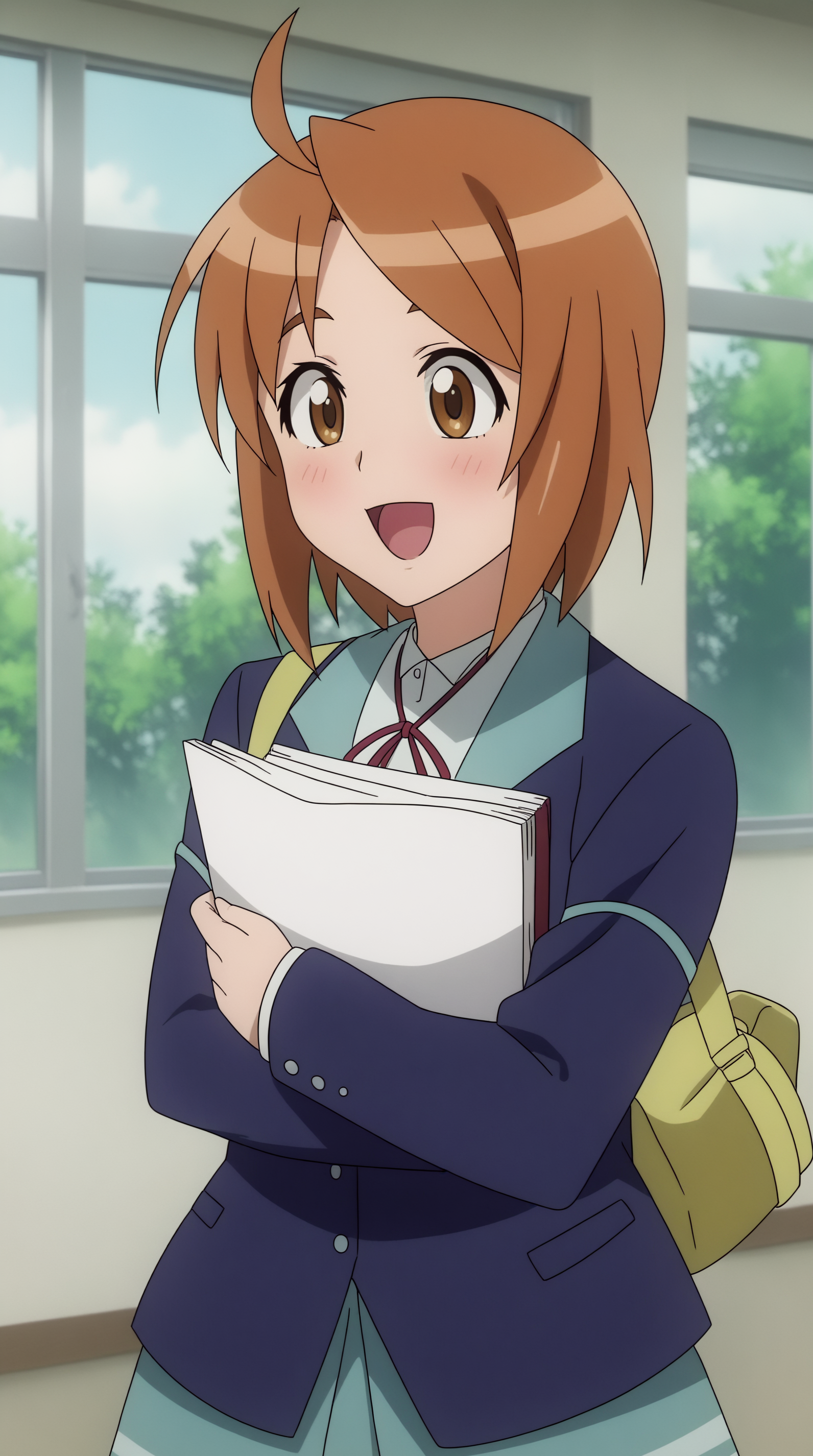 score_9, score_8_up, score_7_up,anime_source, source_anime, best background, detailed background, anime screencap, 4k, upscale,  Hinako Kominato, Main Outfit, solo, blush, smile, open mouth, bag, paper, indoors, school,  <lora:JN_Hinako_Kominato_Pony:0.8>