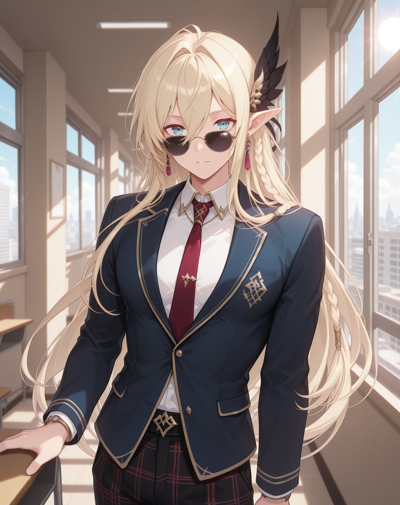 masterpiece,best quality,amazing quality, newest, very aesthetic, absurdres,
1boy, solo, yaoi, male focus, looking at viewer, cowboy shot,
<lora:Grandiel_Forbbiden_Tome:1>   grandielfb, pointy ears, blonde hair, hair between eyes, blue eyes, long bangs, sunglasses,double-parted bangs, official alternate costume, side braid,
school uniform, white shirt, collared shirt, blue jacket, red necktie, black pants, plaid pants,
indoors, school, hallway, window, day, sun,