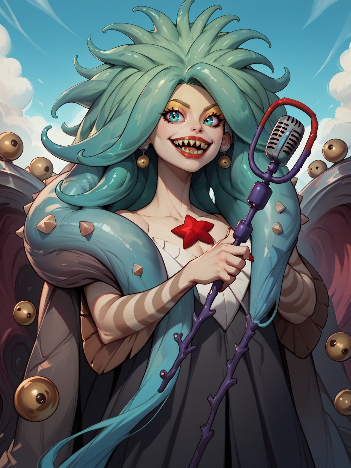 score_9, score_8_up, score_7_up, score_6_up,   <lora:scyllaPony:1>,
scylla, tentacle hair, sharp teeth, shell, microphone, microphone stand