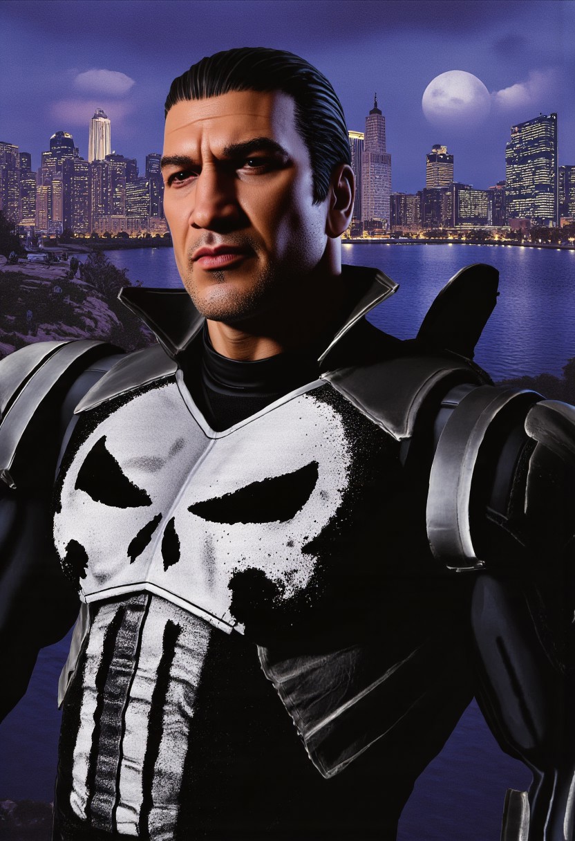 high angle camera view from above and at a distance, realism, perfection style, bosstyle, skin texture style, Photo Quality Frank Castle Male Face with a stubbled Black beard, Caucasion Skin, Chort Black Military style haircut, detailed, facial expression style, High details face, High detailed Eyes, Full Body view, The Punisher Battle Worn White dirty Skull Motif painted on the chest of his Man in Gothic armour, futuristic, Jet Black with Black Trim Exosuit, Heavy Mech, Dynamic Aggressive Combat Pose, Exosuit, Extremely Low V cut top, Power Armor, futuristic, Tactical Futuristic Samurai Sword, Perfect hand, Fighting a Dragon, Heavy Mech, Armor Color Jet Black with Black Trim and a dirty white Skull Motif painted on the chest, Robot, Full body, Ready to strike, futuristic, (off-center composition, left aligned, Portrait),  Detailed hand, battle-worn, Gothic Neon Cyberpunk Night City Cityscape Background, cinematic film still glamorous photo dark art by Rafael Zabaleta, expressionism art by Asger Jorn, vibrant, Abstract expressionism, experimental painting techniques, bold bright colors, dynamic compositions, Expressionism, emotive brushwork, brilliant tones, dramatic lighting, introspective themes. high fashion, luxurious, extravagant, stylish, sensual, opulent, elegance, stunning beauty, professional, high contrast, detailed. shallow depth of field, vignette, highly detailed, high budget, bokeh, cinemascope, moody, epic, gorgeous, film grain, grainy